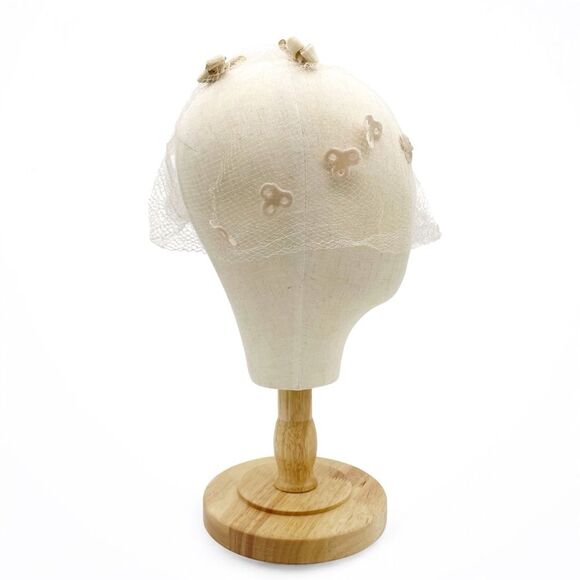 Vintage 1960s Taupe Net Veil Headpiece with Velvet Bows & Appliqué Bridal Hat - Picture 5 of 10